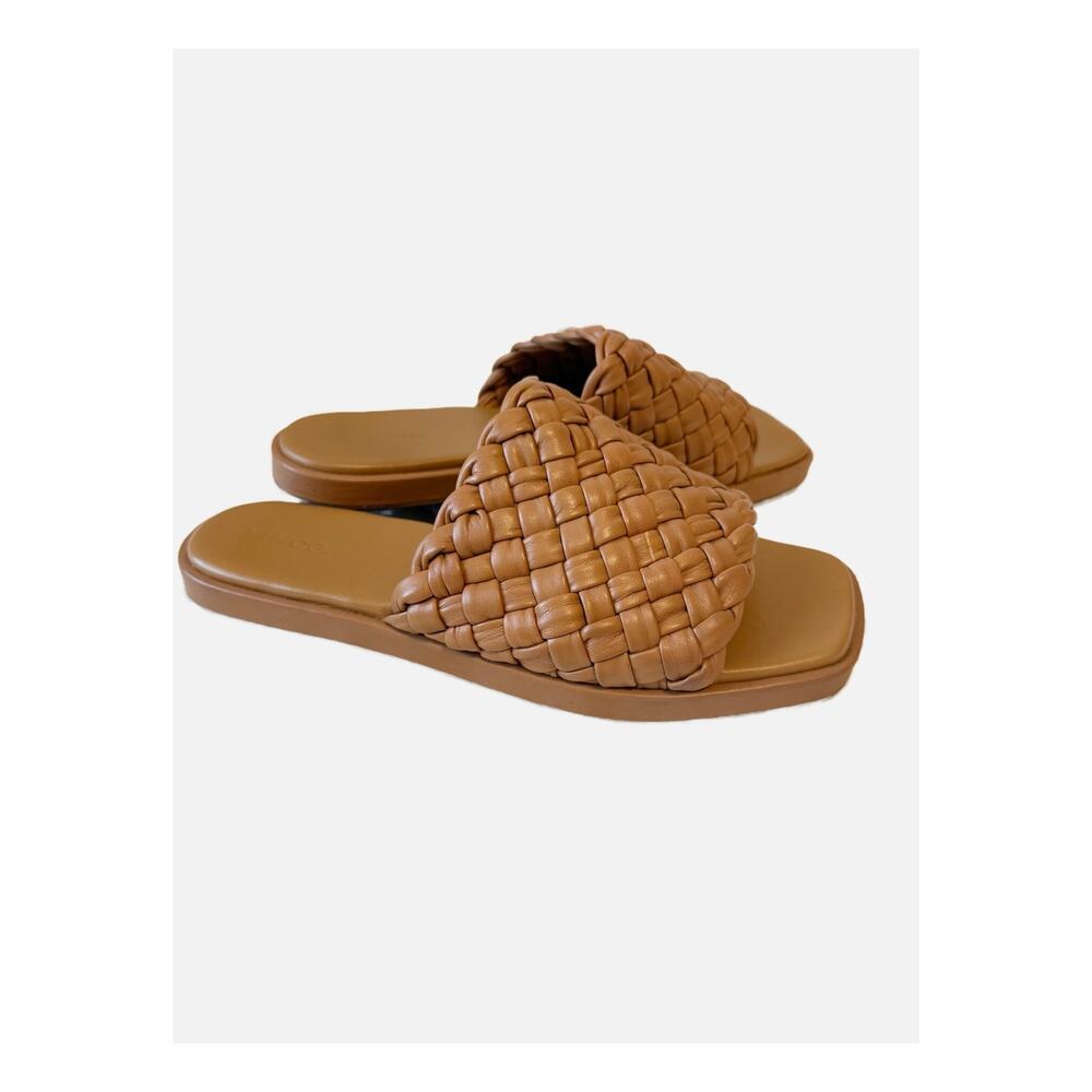 Vince Woven Leather Slide Sandal Rumi Flat Slip On Cognac Brown 8.5
